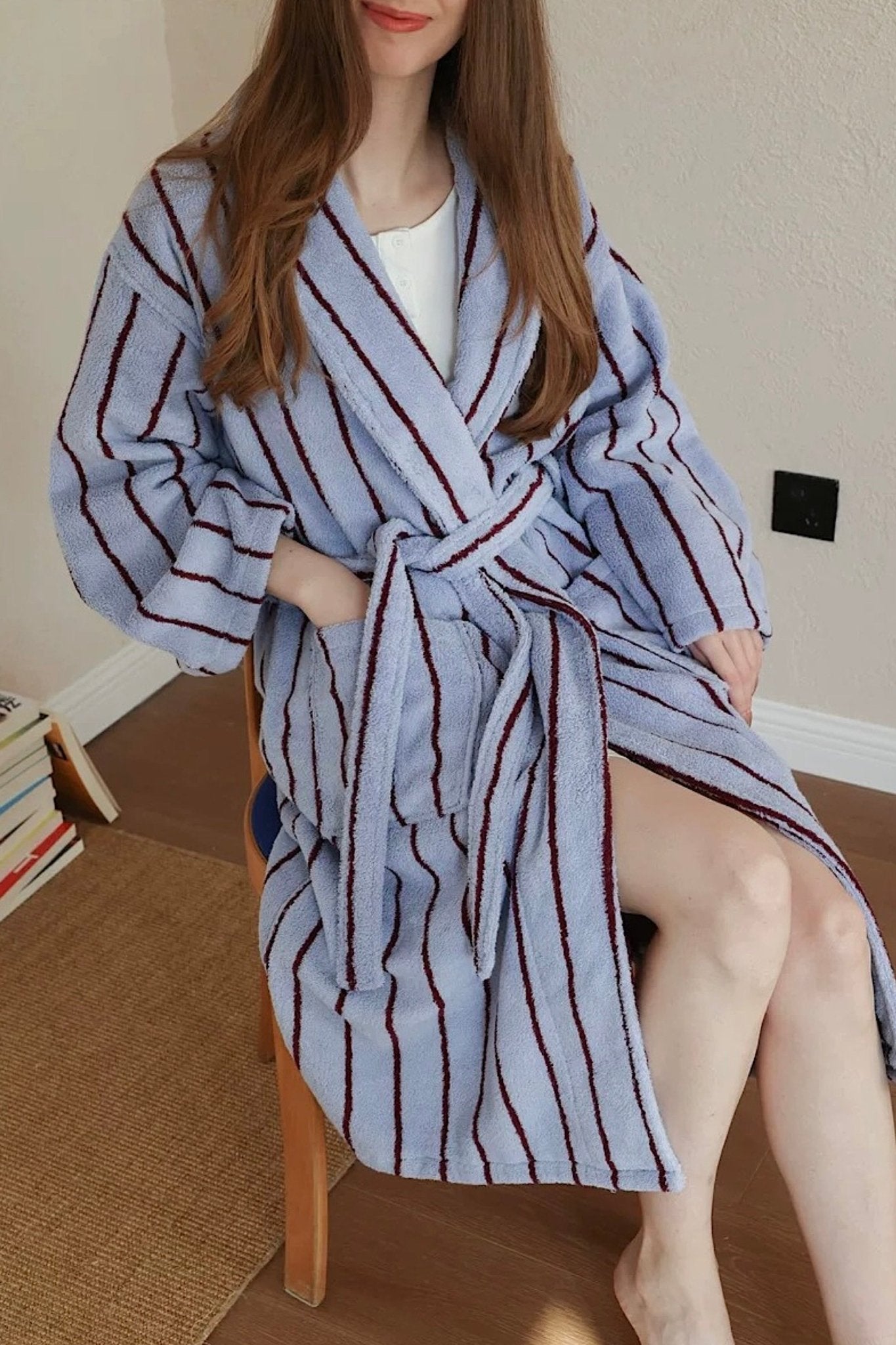 Retro Pastel Stripe Cotton Bath Robe - Plush Soft Absorbent Lounge Robe - Retro Pastel Stripe Bath Robe-Blush Pink - INSPECIAL HOME