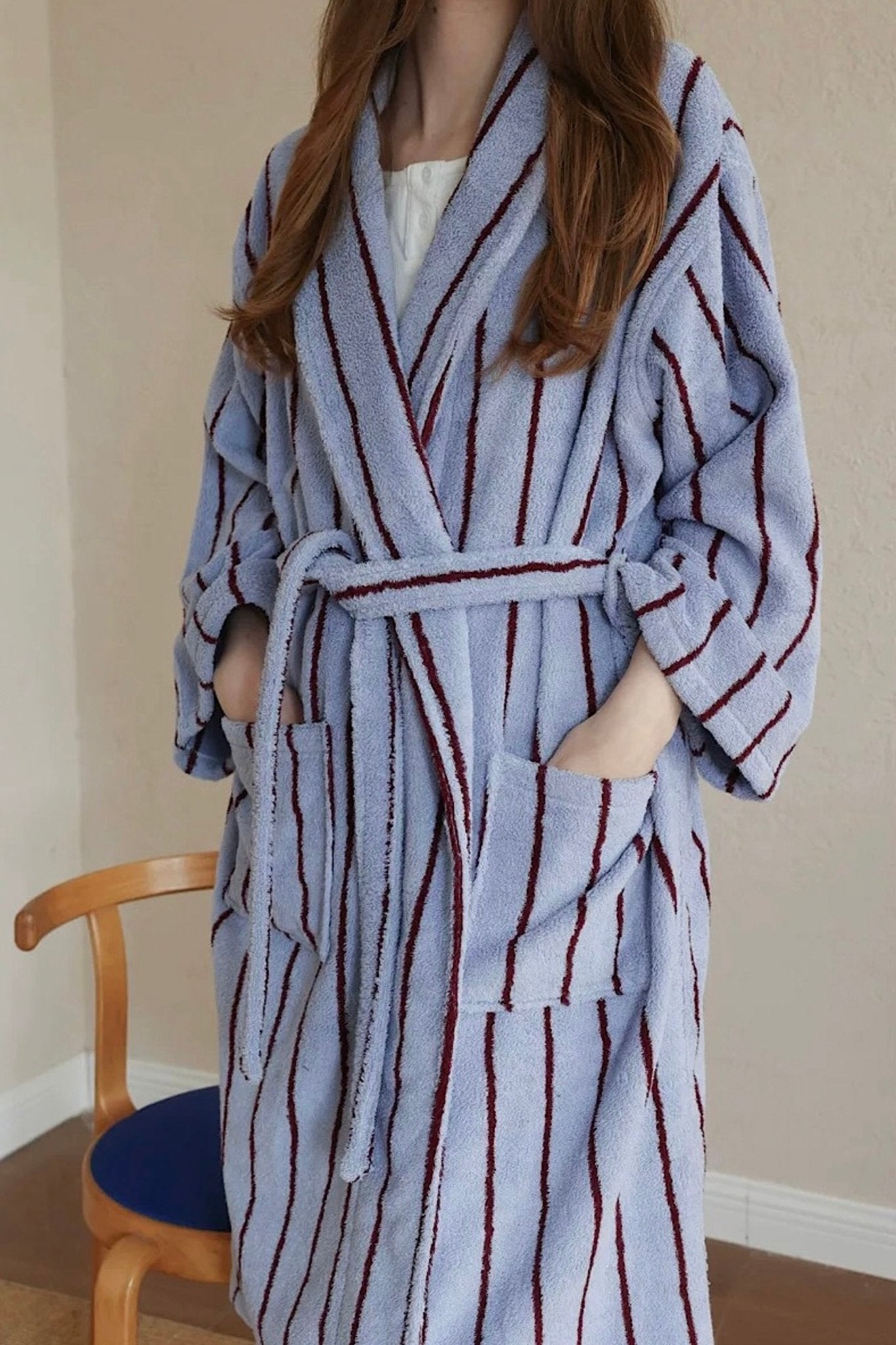 Retro Pastel Stripe Cotton Bath Robe - Plush Soft Absorbent Lounge Robe - Retro Pastel Stripe Bath Robe-Blush Pink - INSPECIAL HOME