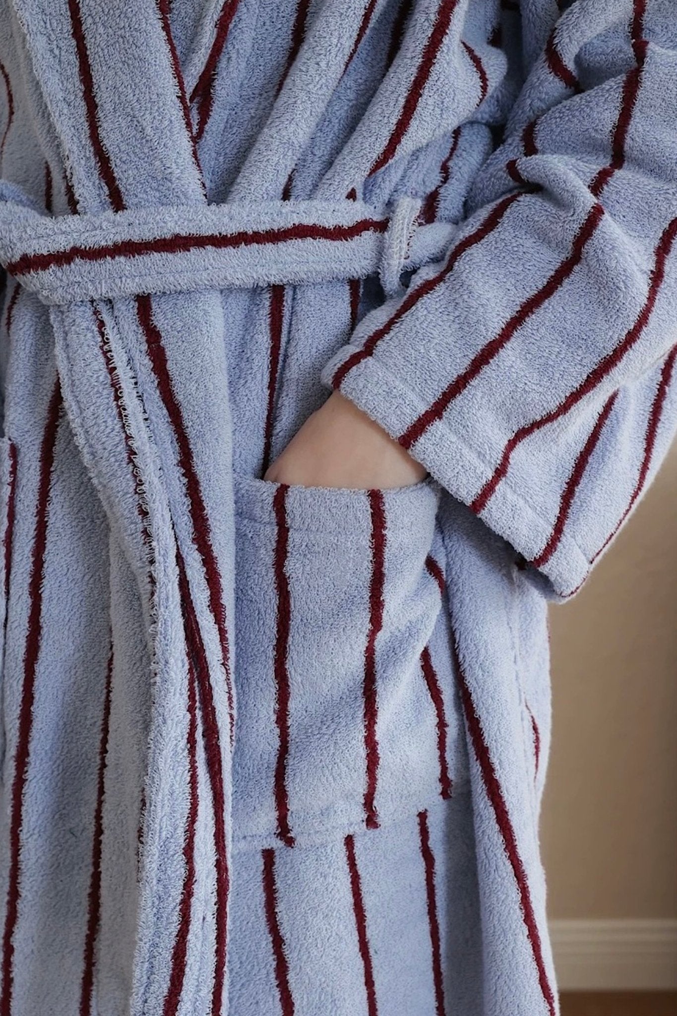 Retro Pastel Stripe Cotton Bath Robe - Plush Soft Absorbent Lounge Robe - Retro Pastel Stripe Bath Robe-Blush Pink - INSPECIAL HOME