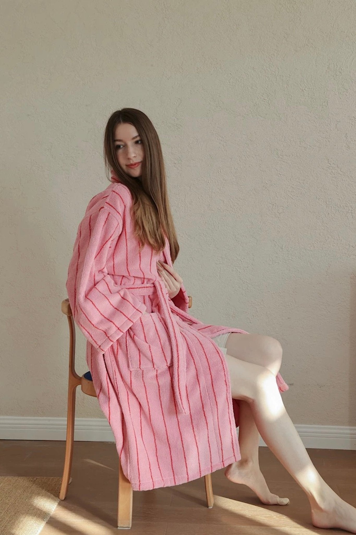 Retro Pastel Stripe Cotton Bath Robe - Plush Soft Absorbent Lounge Robe - Retro Pastel Stripe Bath Robe-Blush Pink - INSPECIAL HOME
