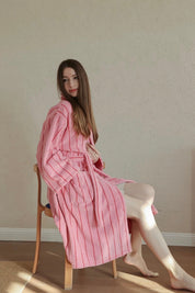 Retro Pastel Stripe Cotton Bath Robe - Plush Soft Absorbent Lounge Robe - Retro Pastel Stripe Bath Robe-Blush Pink - INSPECIAL HOME