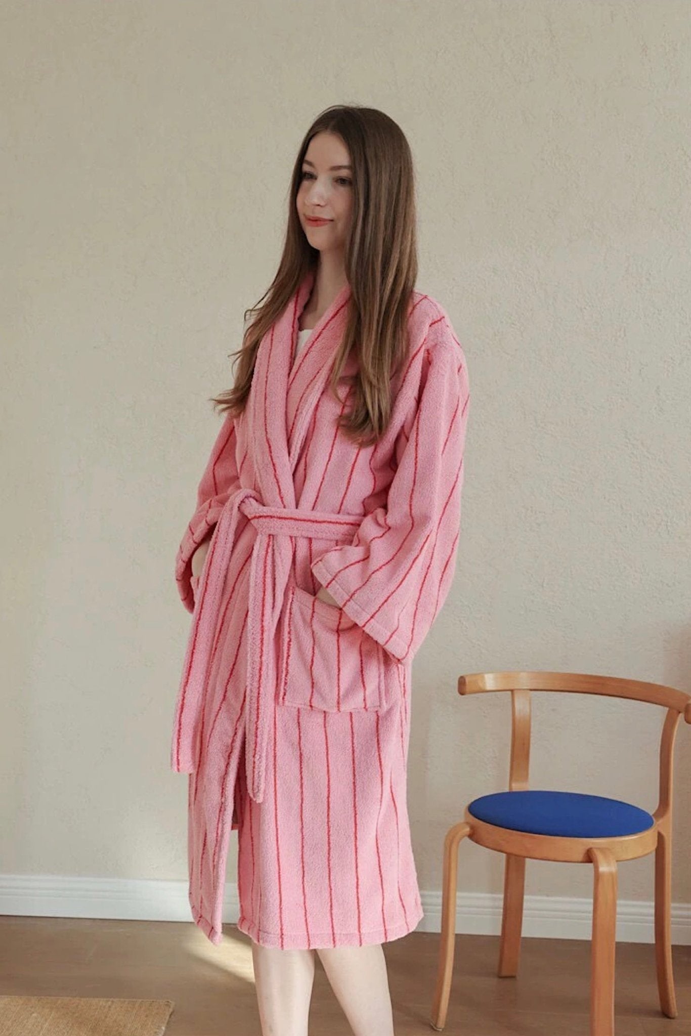 Retro Pastel Stripe Cotton Bath Robe - Plush Soft Absorbent Lounge Robe - Retro Pastel Stripe Bath Robe-Blush Pink - INSPECIAL HOME