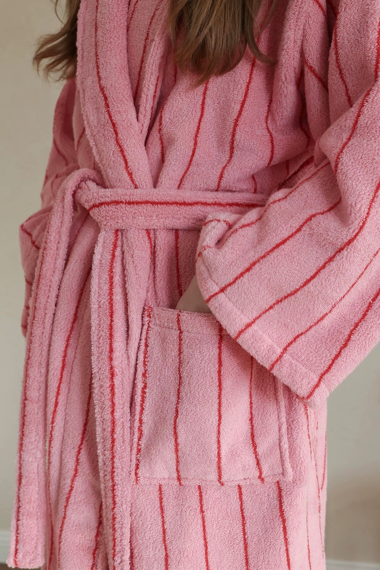 Retro Pastel Stripe Cotton Bath Robe - Plush Soft Absorbent Lounge Robe - Retro Pastel Stripe Bath Robe-Blush Pink - INSPECIAL HOME