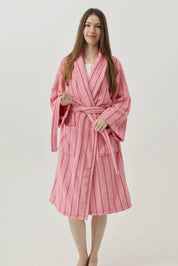 Retro Pastel Stripe Cotton Bath Robe - Plush Soft Absorbent Lounge Robe - Retro Pastel Stripe Bath Robe-Blush Pink - INSPECIAL HOME