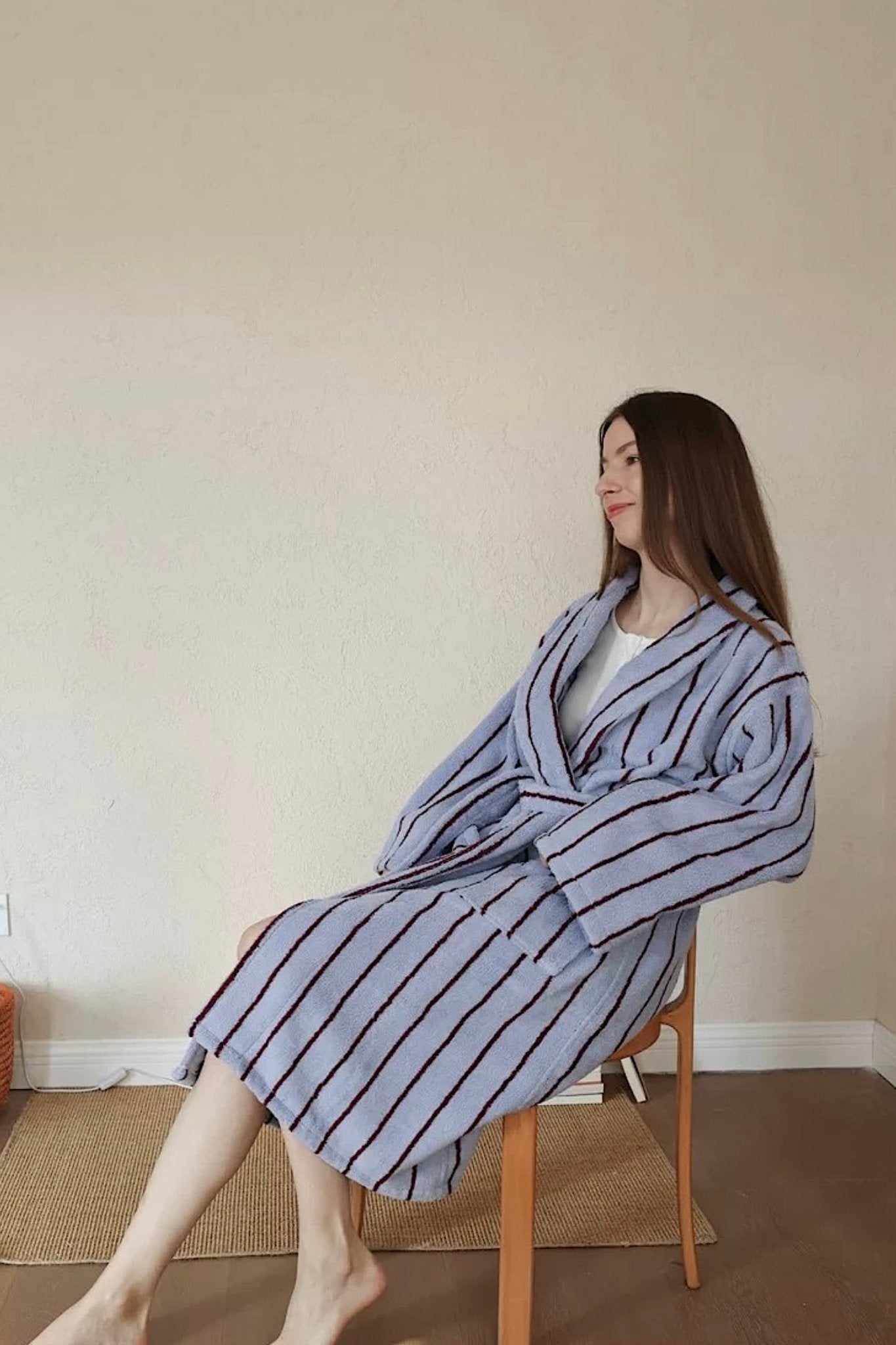 Retro Pastel Stripe Cotton Bath Robe - Plush Soft Absorbent Lounge Robe - Retro Pastel Stripe Bath Robe-Blush Pink - INSPECIAL HOME