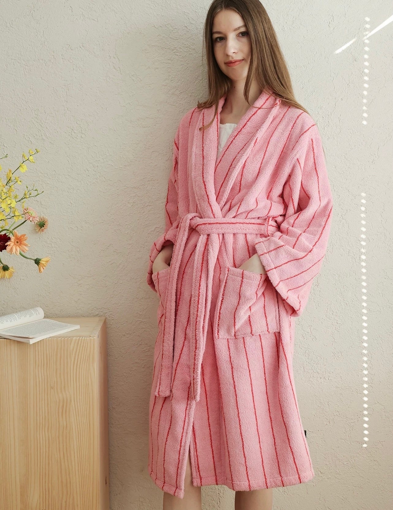 Retro Pastel Stripe Cotton Bath Robe - Plush Soft Absorbent Lounge Robe - Retro Pastel Stripe Bath Robe-Blush Pink - INSPECIAL HOME