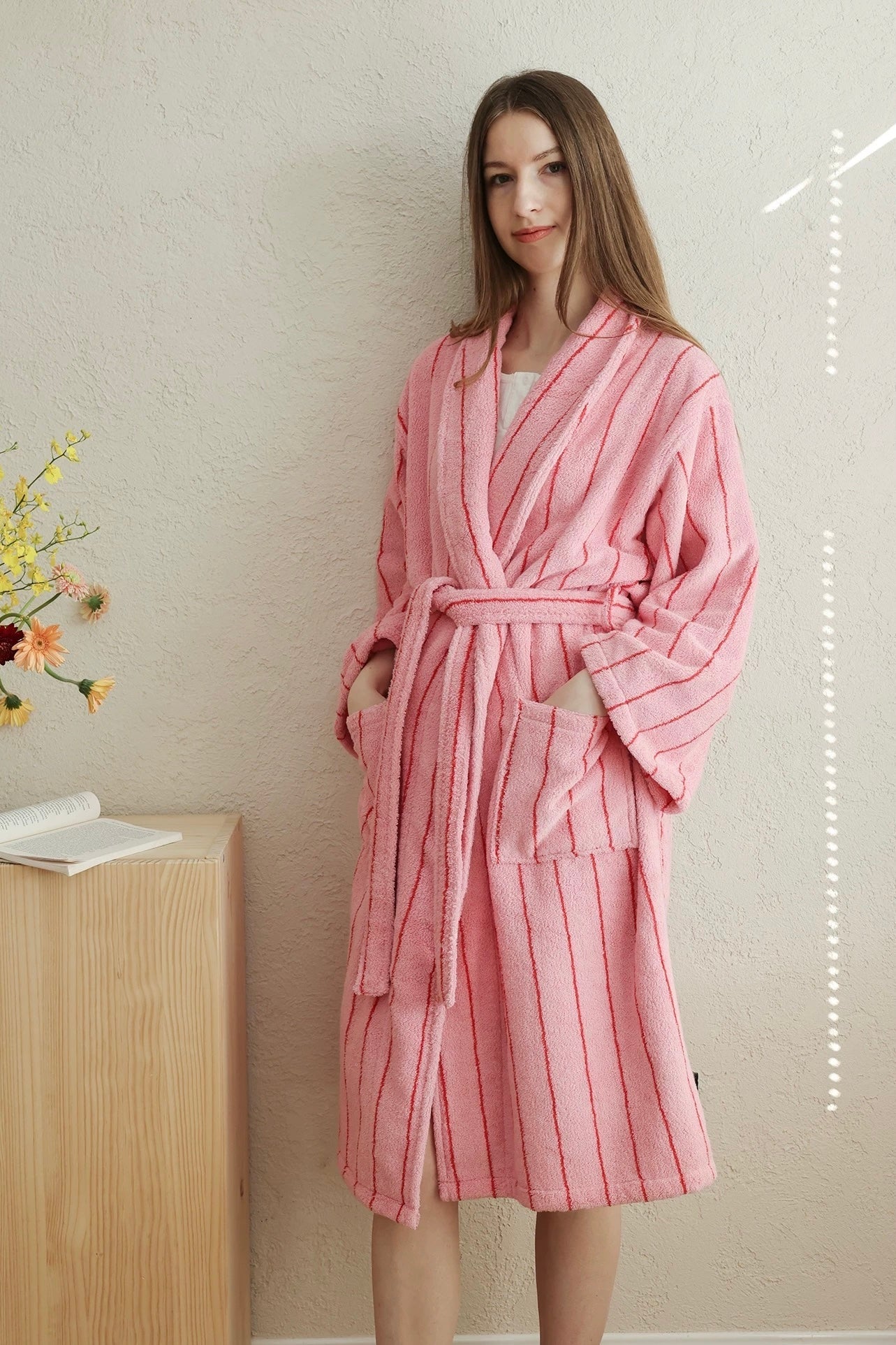 Retro Pastel Stripe Cotton Bath Robe - Plush Soft Absorbent Lounge Robe - Retro Pastel Stripe Bath Robe-Blush Pink - INSPECIAL HOME