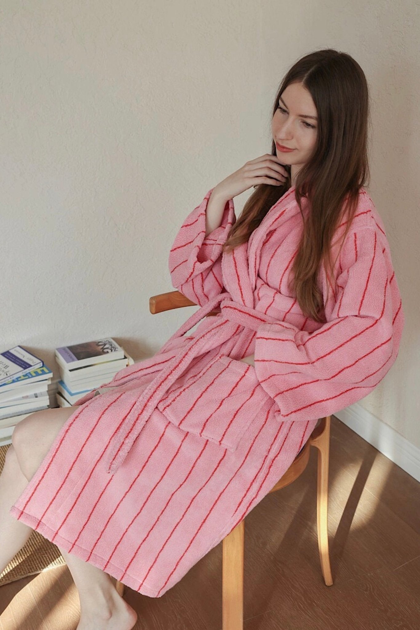 Retro Pastel Stripe Cotton Bath Robe - Plush Soft Absorbent Lounge Robe - Retro Pastel Stripe Bath Robe-Blush Pink - INSPECIAL HOME