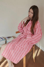 Retro Pastel Stripe Cotton Bath Robe - Plush Soft Absorbent Lounge Robe - Retro Pastel Stripe Bath Robe-Blush Pink - INSPECIAL HOME