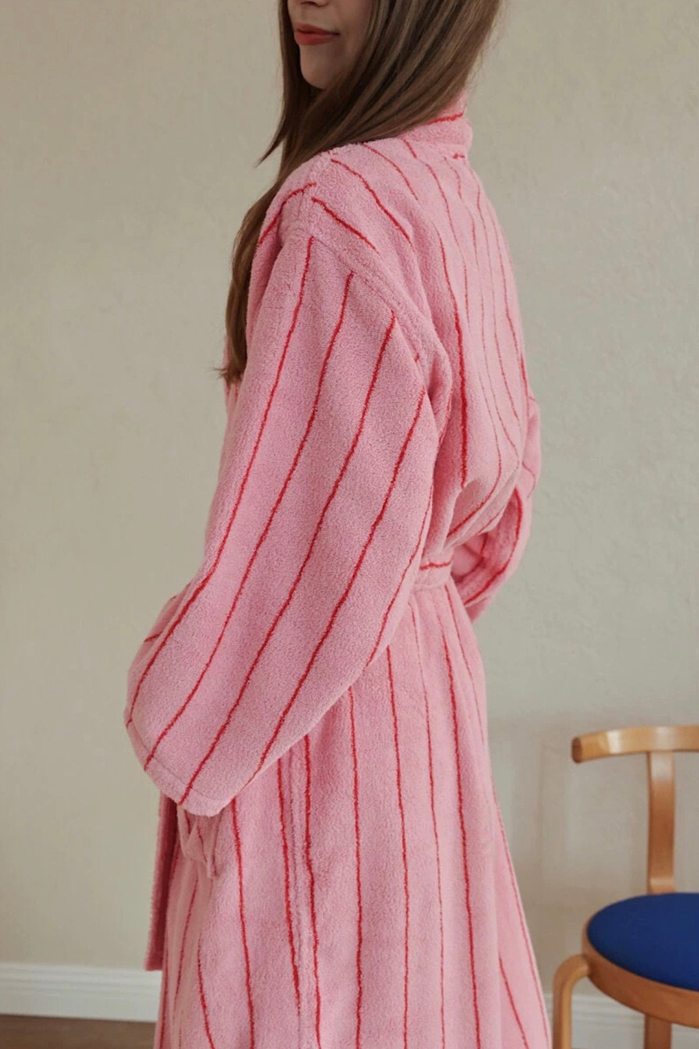 Retro Pastel Stripe Cotton Bath Robe - Plush Soft Absorbent Lounge Robe - Retro Pastel Stripe Bath Robe-Blush Pink - INSPECIAL HOME