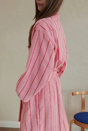 Retro Pastel Stripe Cotton Bath Robe - Plush Soft Absorbent Lounge Robe - Retro Pastel Stripe Bath Robe-Blush Pink - INSPECIAL HOME