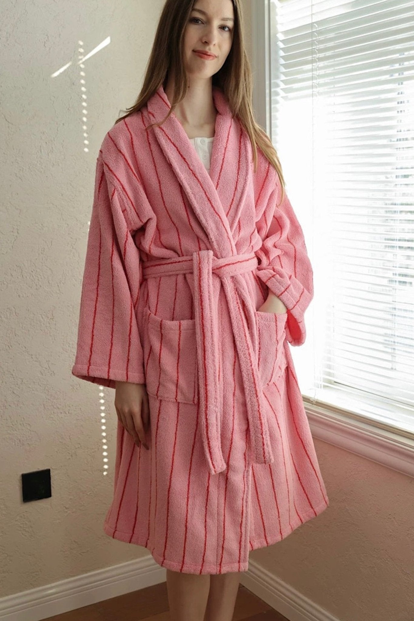 Retro Pastel Stripe Cotton Bath Robe - Plush Soft Absorbent Lounge Robe - Retro Pastel Stripe Bath Robe-Blush Pink - INSPECIAL HOME