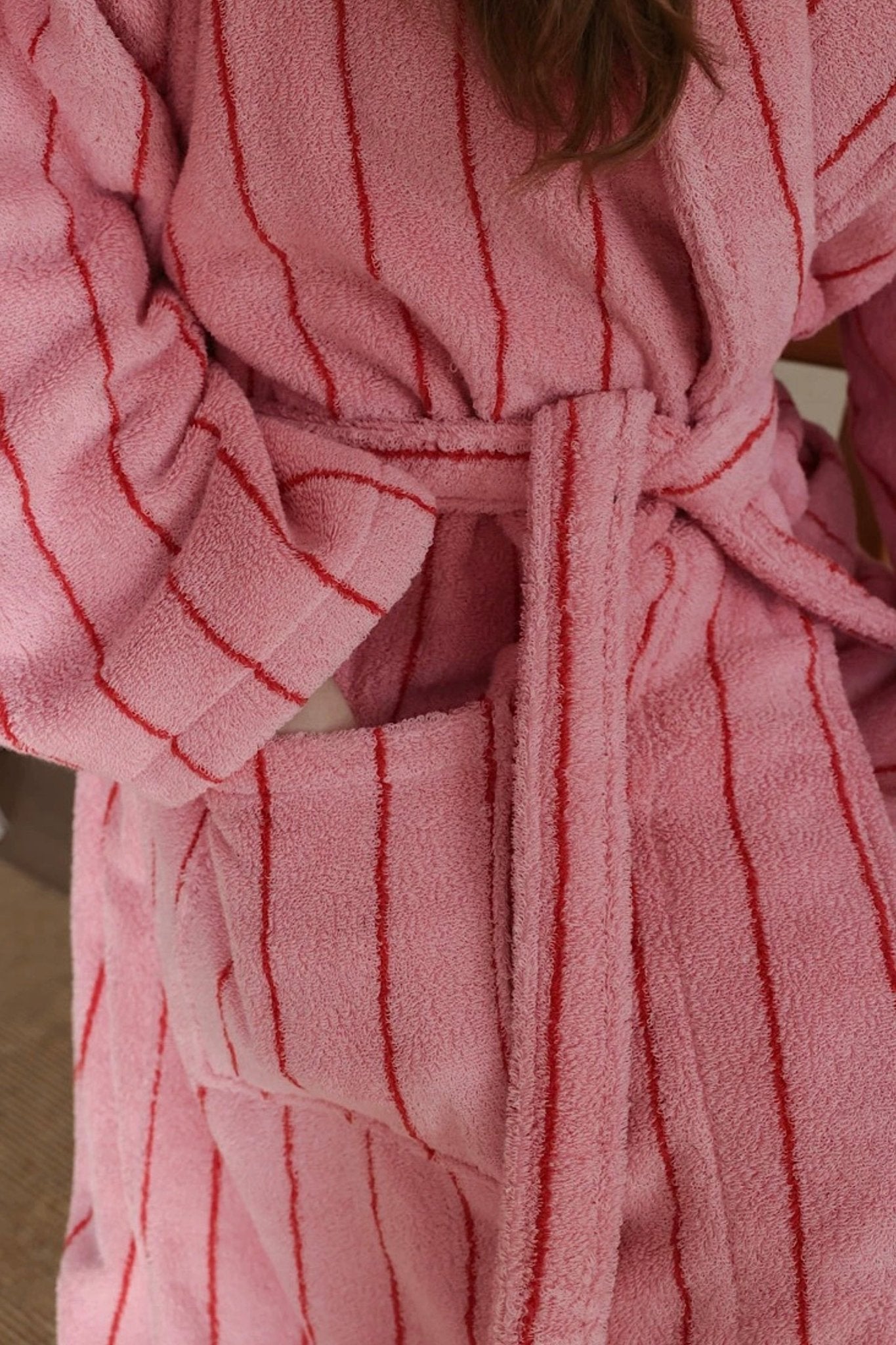 Retro Pastel Stripe Cotton Bath Robe - Plush Soft Absorbent Lounge Robe - Retro Pastel Stripe Bath Robe-Blush Pink - INSPECIAL HOME