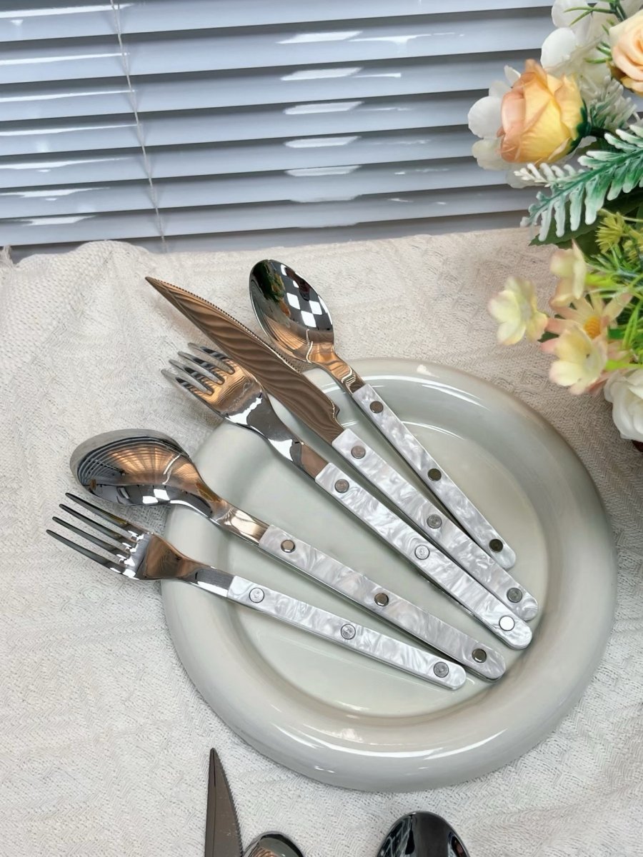 Set Of 10 Pcs Modern Nebula Cutlery, Bistrot Style Rivet Flatware Set - Flatware Sets - Nebula Cutlery Set Of 10 Pcs - Glacier - INSPECIAL HOME