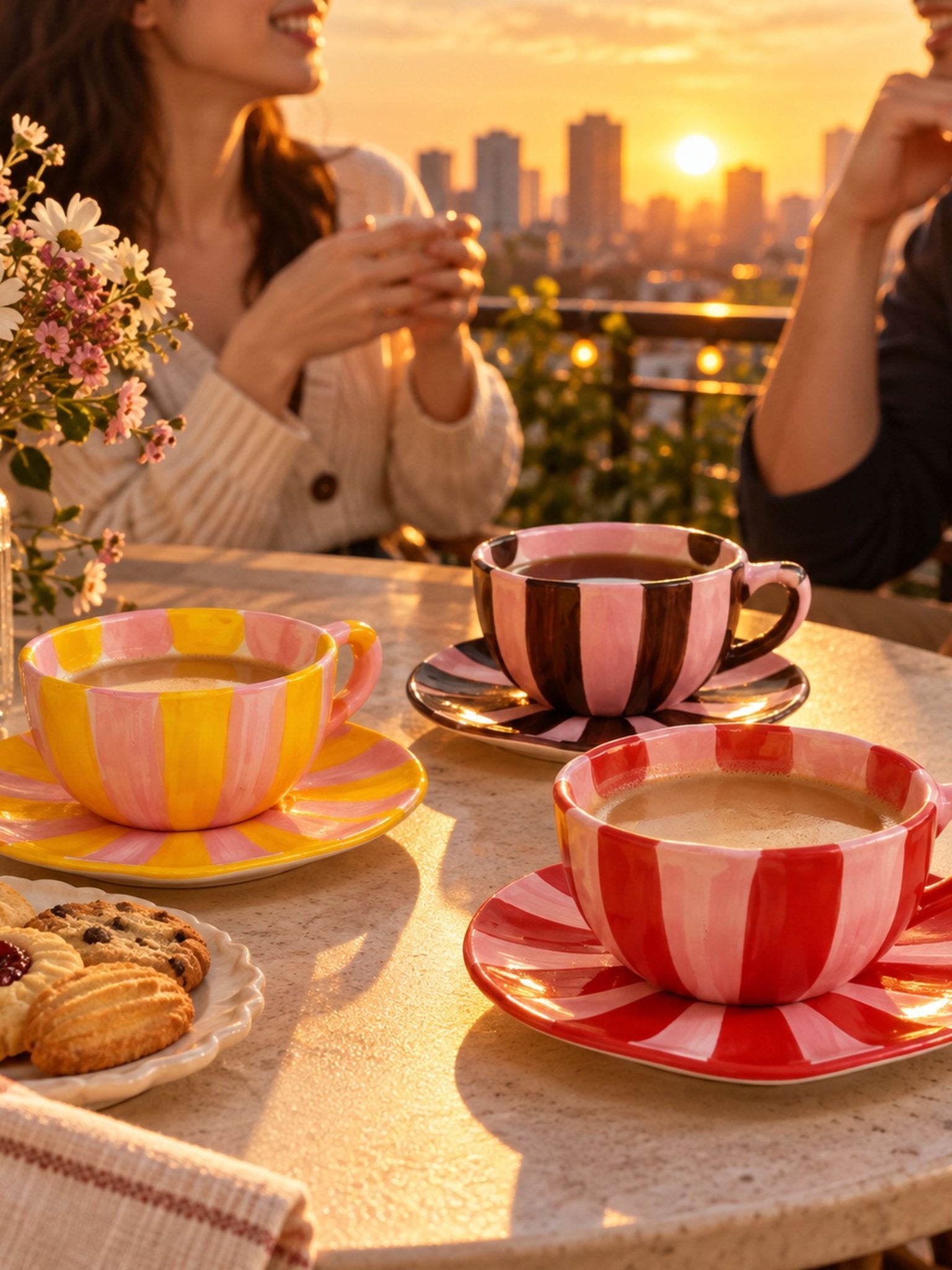 Sunburst Stripe Ceramic Mug & Saucer Set, Dopamine Dishwasher-safe Cute Coffee Tea Cup for Home & Office -Cup and Saucer Set- Sunburst Stripe Ceramic Cup and Saucer Set-Red & Pink - INSPECIAL HOME