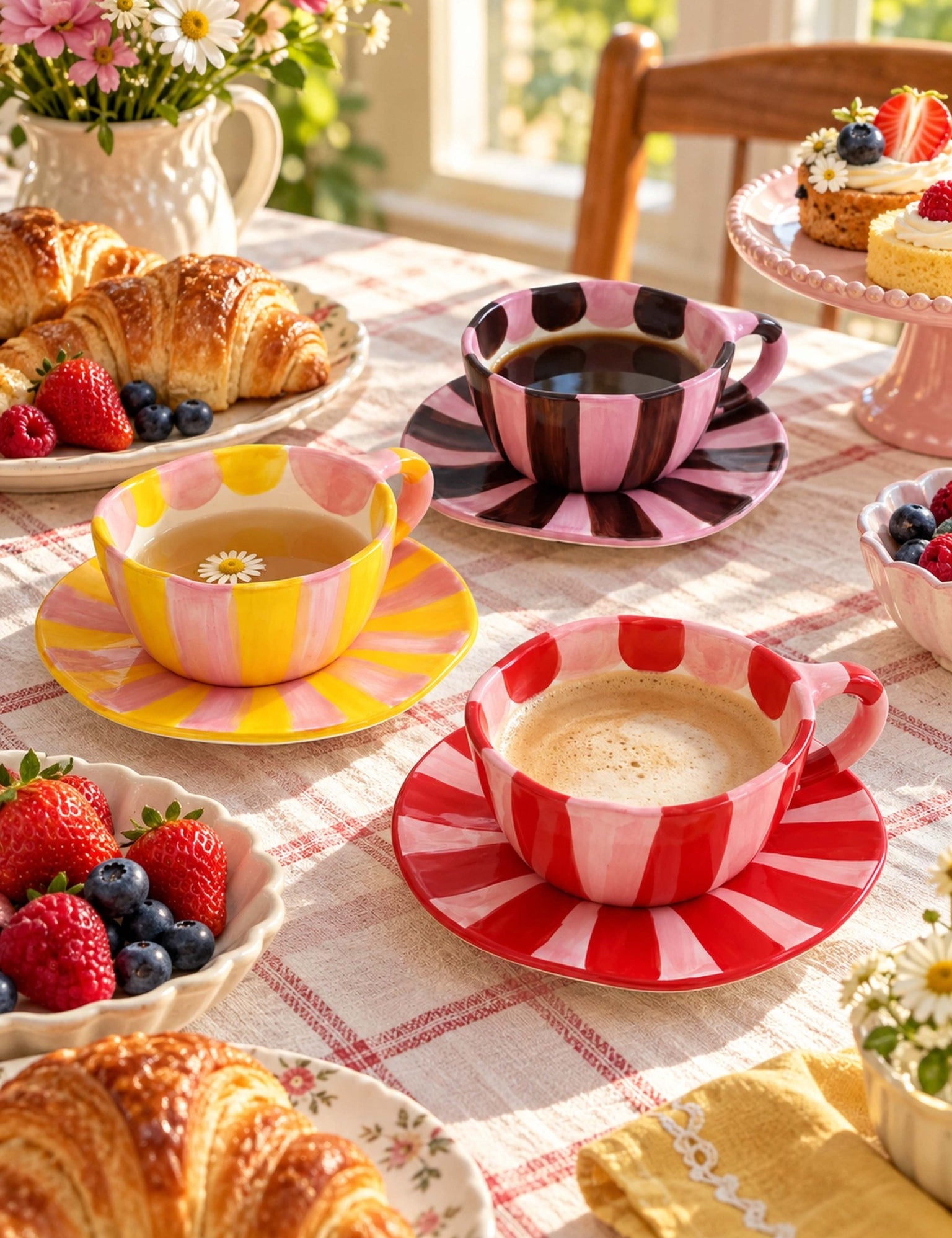 Sunburst Stripe Ceramic Mug & Saucer Set, Dopamine Dishwasher-safe Cute Coffee Tea Cup for Home & Office -Cup and Saucer Set- Sunburst Stripe Ceramic Cup and Saucer Set-Red & Pink - INSPECIAL HOME