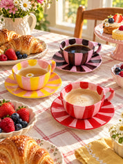 Sunburst Stripe Ceramic Mug & Saucer Set, Dopamine Dishwasher-safe Cute Coffee Tea Cup for Home & Office -Cup and Saucer Set- Sunburst Stripe Ceramic Cup and Saucer Set-Red & Pink - INSPECIAL HOME