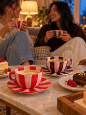 Sunburst Stripe Ceramic Mug & Saucer Set, Dopamine Dishwasher-safe Cute Coffee Tea Cup for Home & Office -Cup and Saucer Set- Sunburst Stripe Ceramic Cup and Saucer Set-Red & Pink - INSPECIAL HOME