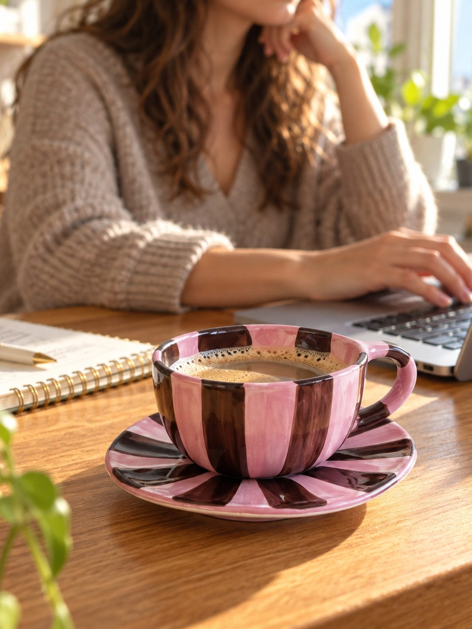 Sunburst Stripe Ceramic Mug & Saucer Set, Dopamine Dishwasher-safe Cute Coffee Tea Cup for Home & Office -Cup and Saucer Set- Sunburst Stripe Ceramic Cup and Saucer Set-Red & Pink - INSPECIAL HOME