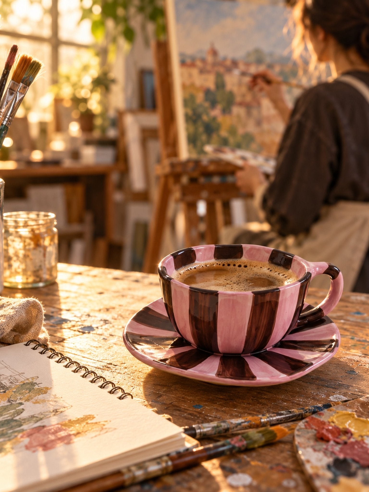 Sunburst Stripe Ceramic Mug & Saucer Set, Dopamine Dishwasher-safe Cute Coffee Tea Cup for Home & Office -Cup and Saucer Set- Sunburst Stripe Ceramic Cup and Saucer Set-Red & Pink - INSPECIAL HOME