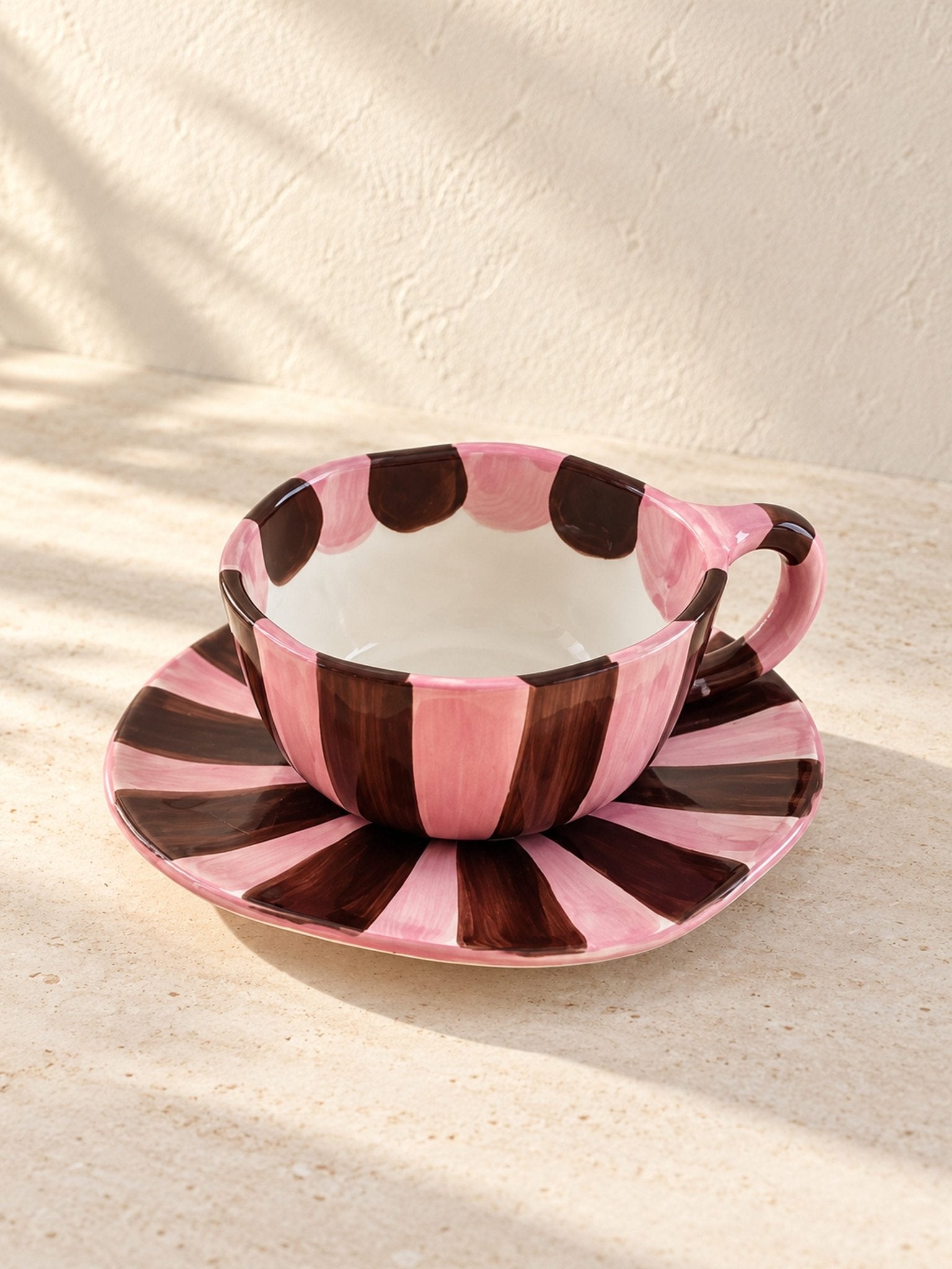 Sunburst Stripe Ceramic Mug & Saucer Set, Dopamine Dishwasher-safe Cute Coffee Tea Cup for Home & Office -Cup and Saucer Set- Sunburst Stripe Ceramic Cup and Saucer Set-Brown & Pink - INSPECIAL HOME