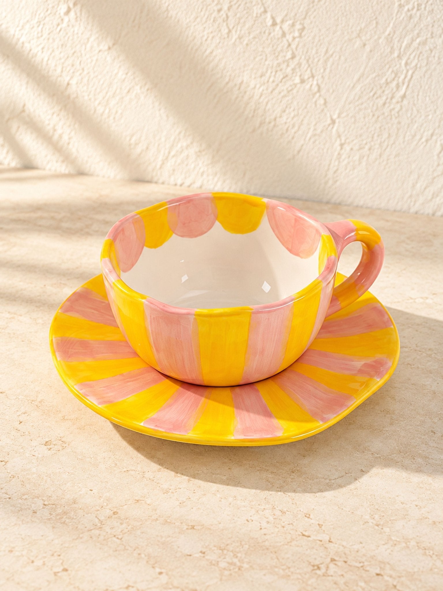 Sunburst Stripe Ceramic Mug & Saucer Set, Dopamine Dishwasher-safe Cute Coffee Tea Cup for Home & Office -Cup and Saucer Set- Sunburst Stripe Ceramic Cup and Saucer Set-Yellow & Pink - INSPECIAL HOME