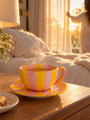 Sunburst Stripe Ceramic Mug & Saucer Set, Dopamine Dishwasher-safe Cute Coffee Tea Cup for Home & Office -Cup and Saucer Set- Sunburst Stripe Ceramic Cup and Saucer Set-Red & Pink - INSPECIAL HOME