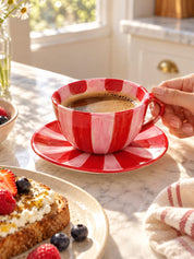 Sunburst Stripe Ceramic Mug & Saucer Set, Dopamine Dishwasher-safe Cute Coffee Tea Cup for Home & Office -Cup and Saucer Set- Sunburst Stripe Ceramic Cup and Saucer Set-Red & Pink - INSPECIAL HOME