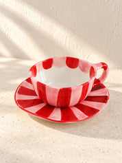 Sunburst Stripe Ceramic Mug & Saucer Set, Dopamine Dishwasher-safe Cute Coffee Tea Cup for Home & Office -Cup and Saucer Set- Sunburst Stripe Ceramic Cup and Saucer Set-Red & Pink - INSPECIAL HOME