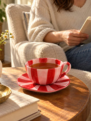 Sunburst Stripe Ceramic Mug & Saucer Set, Dopamine Dishwasher-safe Cute Coffee Tea Cup for Home & Office -Cup and Saucer Set- Sunburst Stripe Ceramic Cup and Saucer Set-Red & Pink - INSPECIAL HOME