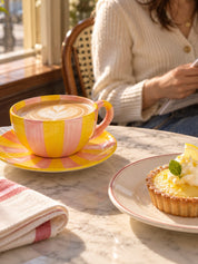 Sunburst Stripe Ceramic Mug & Saucer Set, Dopamine Dishwasher-safe Cute Coffee Tea Cup for Home & Office -Cup and Saucer Set- Sunburst Stripe Ceramic Cup and Saucer Set-Red & Pink - INSPECIAL HOME