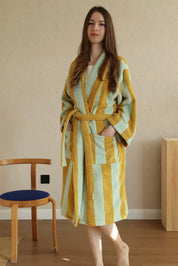 Vintage Stripe 100% Cotton Bathrobe - Soft Absorbent Resort Style Lounge Robe - Vintage Stripe 100% Cotton Bathrobe- Mustard & Pistachio - INSPECIAL HOME