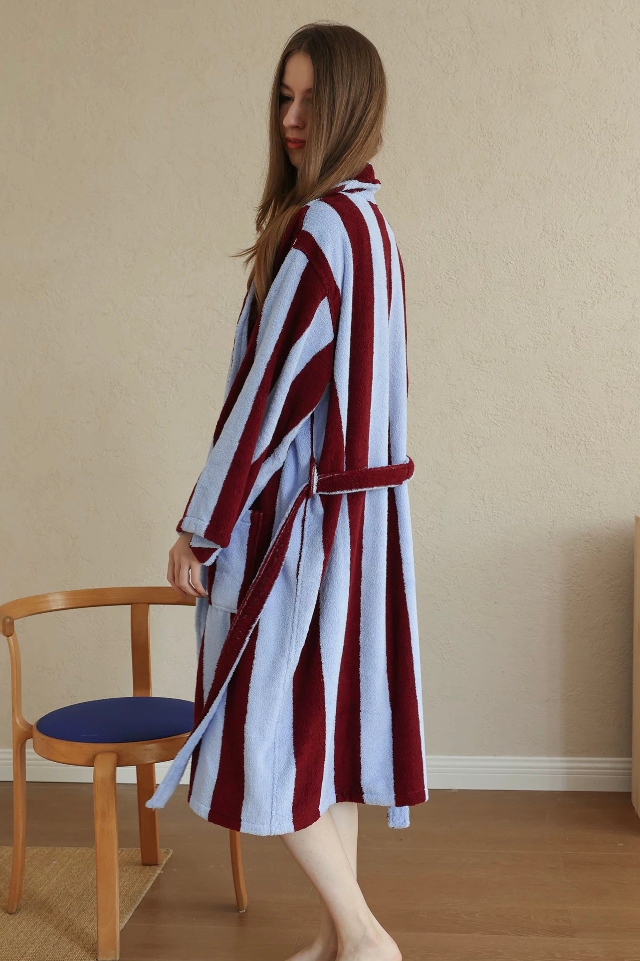 Vintage Stripe 100% Cotton Bathrobe - Soft Absorbent Resort Style Lounge Robe - Vintage Stripe 100% Cotton Bathrobe- Mustard & Pistachio - INSPECIAL HOME