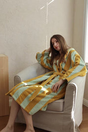 Vintage Stripe 100% Cotton Bathrobe - Soft Absorbent Resort Style Lounge Robe - Vintage Stripe 100% Cotton Bathrobe- Mustard & Pistachio - INSPECIAL HOME