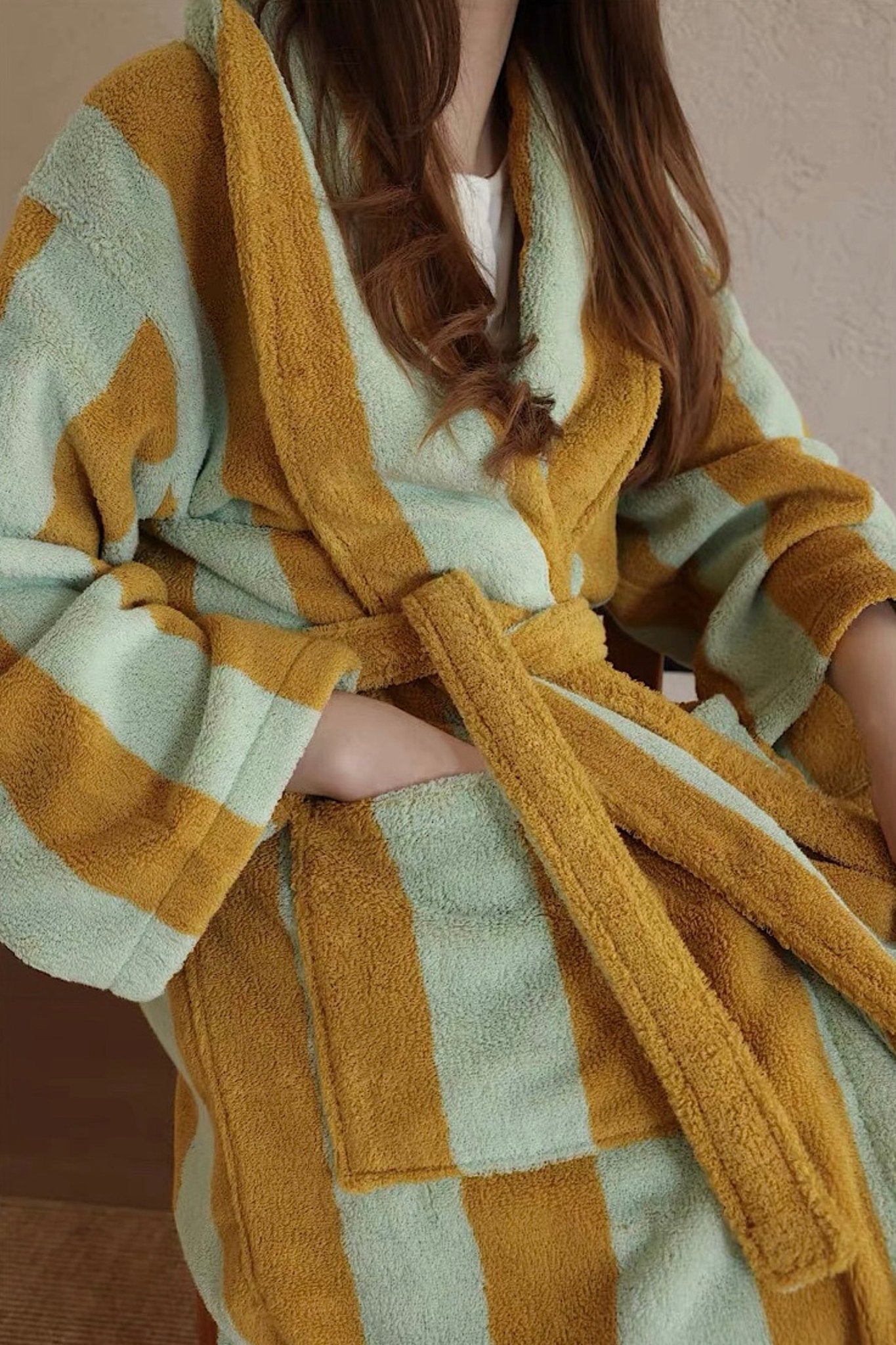 Vintage Stripe 100% Cotton Bathrobe - Soft Absorbent Resort Style Lounge Robe - Vintage Stripe 100% Cotton Bathrobe- Mustard & Pistachio - INSPECIAL HOME
