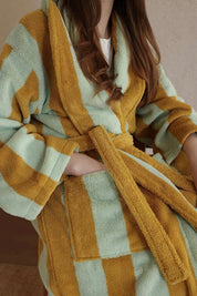 Vintage Stripe 100% Cotton Bathrobe - Soft Absorbent Resort Style Lounge Robe - Vintage Stripe 100% Cotton Bathrobe- Mustard & Pistachio - INSPECIAL HOME