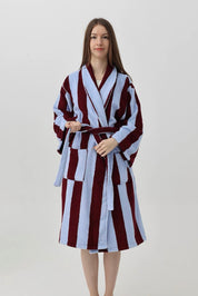 Vintage Stripe 100% Cotton Bathrobe - Soft Absorbent Resort Style Lounge Robe - Vintage Stripe 100% Cotton Bathrobe-Misty Bue & Burgundy - INSPECIAL HOME