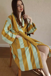 Vintage Stripe 100% Cotton Bathrobe - Soft Absorbent Resort Style Lounge Robe - Vintage Stripe 100% Cotton Bathrobe- Mustard & Pistachio - INSPECIAL HOME