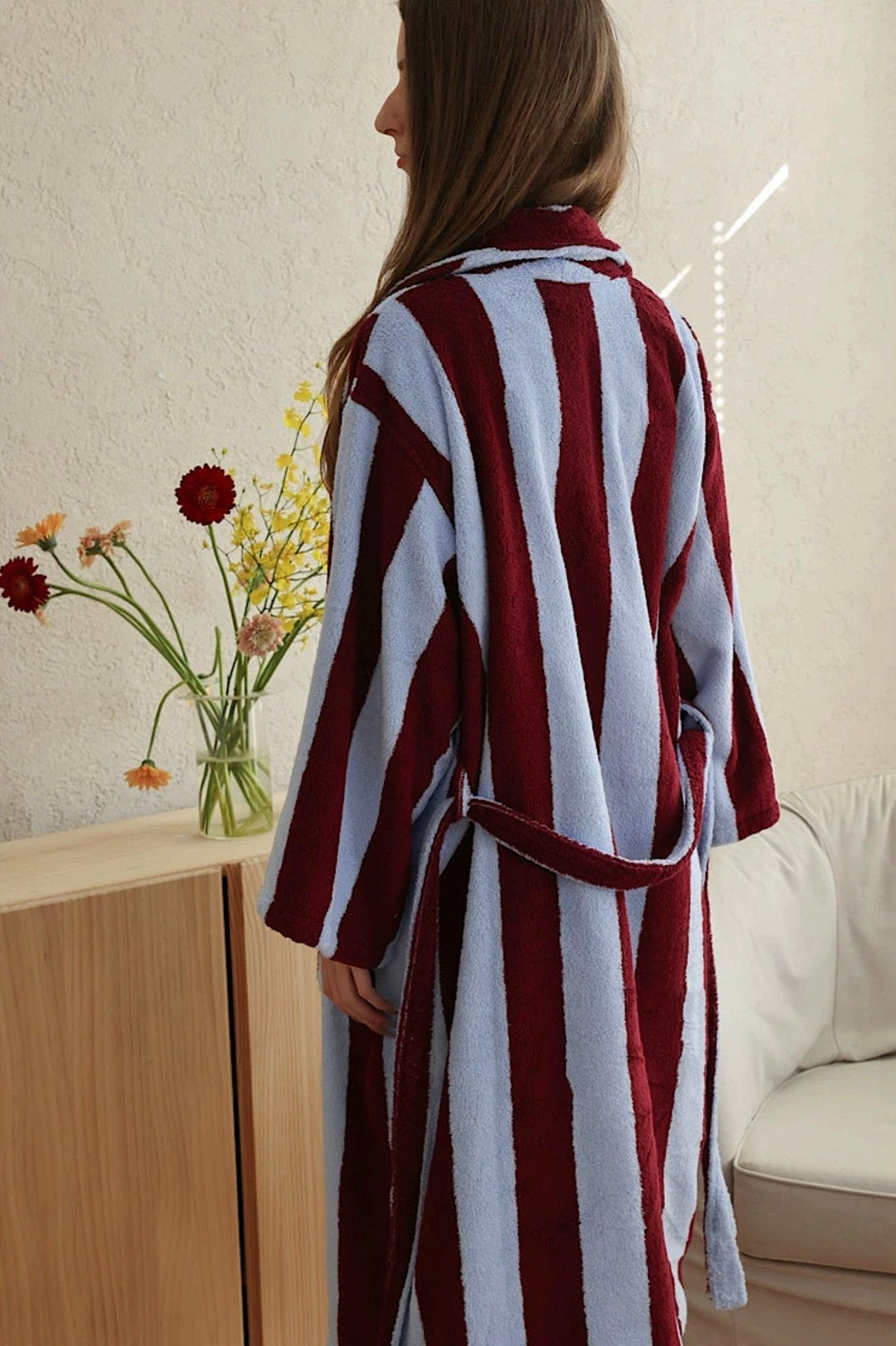 Vintage Stripe 100% Cotton Bathrobe - Soft Absorbent Resort Style Lounge Robe - Vintage Stripe 100% Cotton Bathrobe- Mustard & Pistachio - INSPECIAL HOME