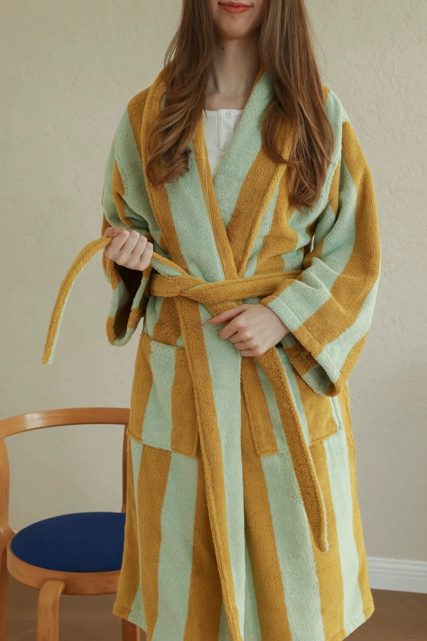 Vintage Stripe 100% Cotton Bathrobe - Soft Absorbent Resort Style Lounge Robe - Vintage Stripe 100% Cotton Bathrobe- Mustard & Pistachio - INSPECIAL HOME