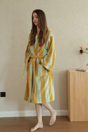 Vintage Stripe 100% Cotton Bathrobe - Soft Absorbent Resort Style Lounge Robe - Vintage Stripe 100% Cotton Bathrobe- Mustard & Pistachio - INSPECIAL HOME