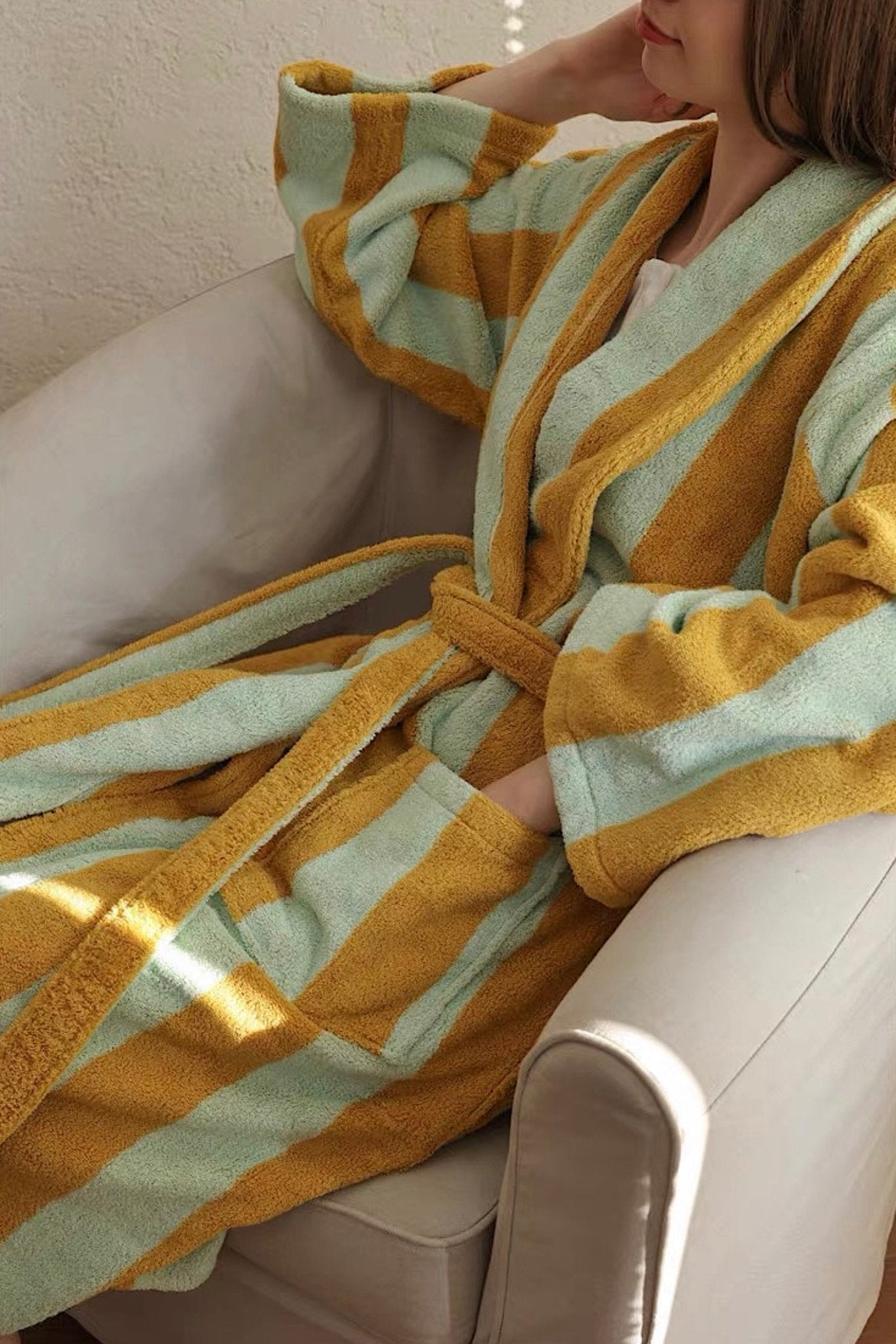 Vintage Stripe 100% Cotton Bathrobe - Soft Absorbent Resort Style Lounge Robe - Vintage Stripe 100% Cotton Bathrobe- Mustard & Pistachio - INSPECIAL HOME