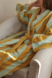 Vintage Stripe 100% Cotton Bathrobe - Soft Absorbent Resort Style Lounge Robe - Vintage Stripe 100% Cotton Bathrobe- Mustard & Pistachio - INSPECIAL HOME