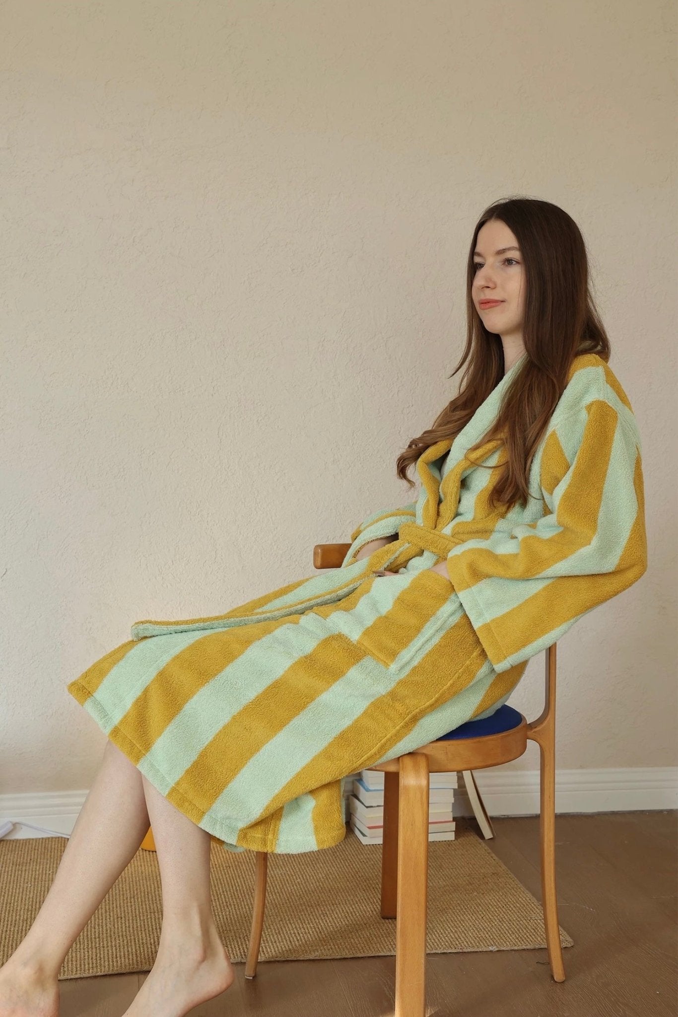 Vintage Stripe 100% Cotton Bathrobe - Soft Absorbent Resort Style Lounge Robe - Vintage Stripe 100% Cotton Bathrobe- Mustard & Pistachio - INSPECIAL HOME