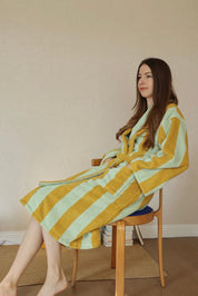 Vintage Stripe 100% Cotton Bathrobe - Soft Absorbent Resort Style Lounge Robe - Vintage Stripe 100% Cotton Bathrobe- Mustard & Pistachio - INSPECIAL HOME