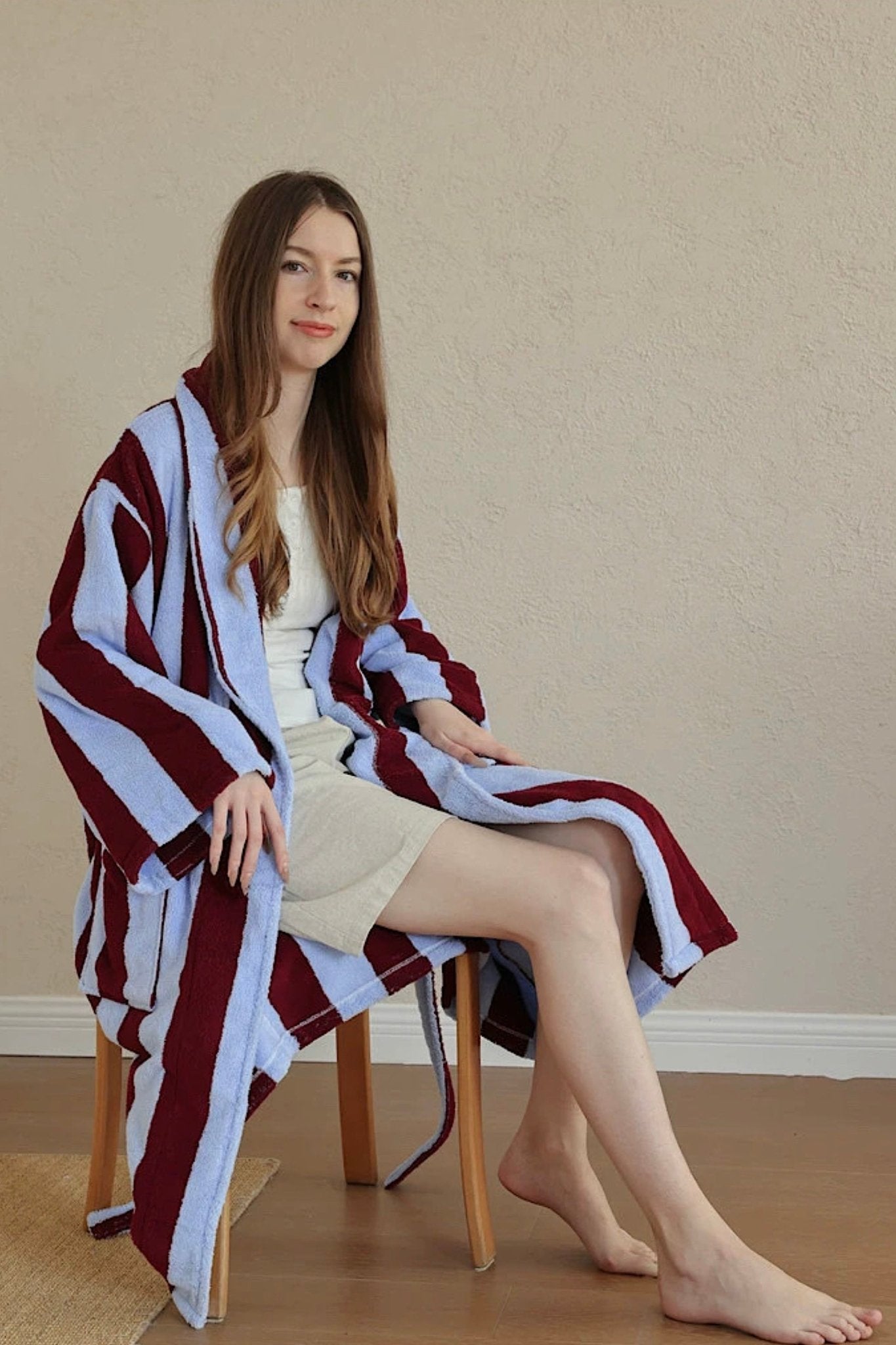 Vintage Stripe 100% Cotton Bathrobe - Soft Absorbent Resort Style Lounge Robe - Vintage Stripe 100% Cotton Bathrobe- Mustard & Pistachio - INSPECIAL HOME