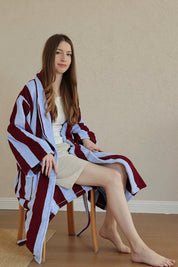 Vintage Stripe 100% Cotton Bathrobe - Soft Absorbent Resort Style Lounge Robe - Vintage Stripe 100% Cotton Bathrobe- Mustard & Pistachio - INSPECIAL HOME