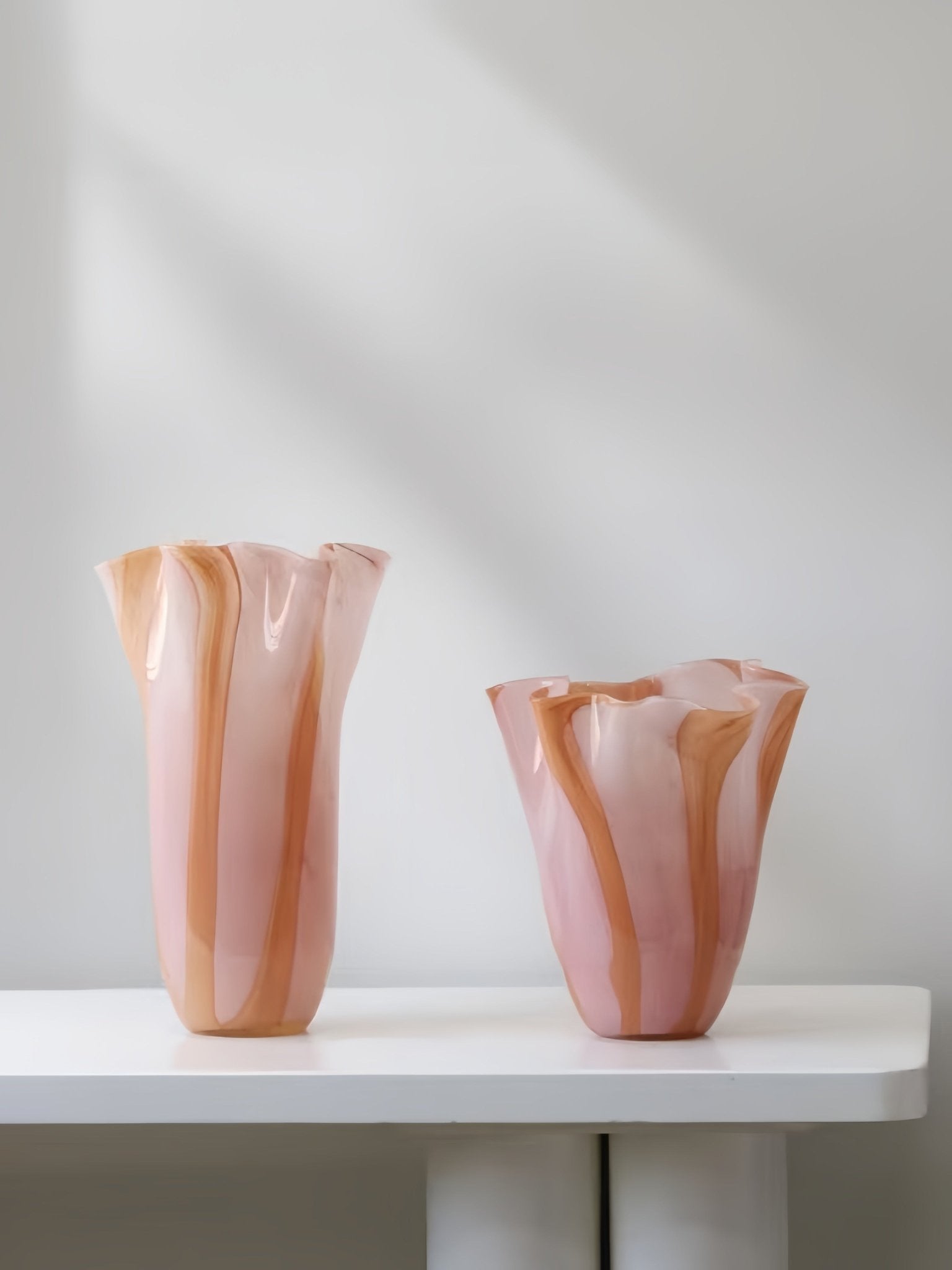 Waves of Color Hand-Blown Glass Vase, Eclectic Sculptural Centerpiece for Modern Table Setting -Vases- Waves of Color Vase - Pink & Apricot - Medium - INSPECIAL HOME