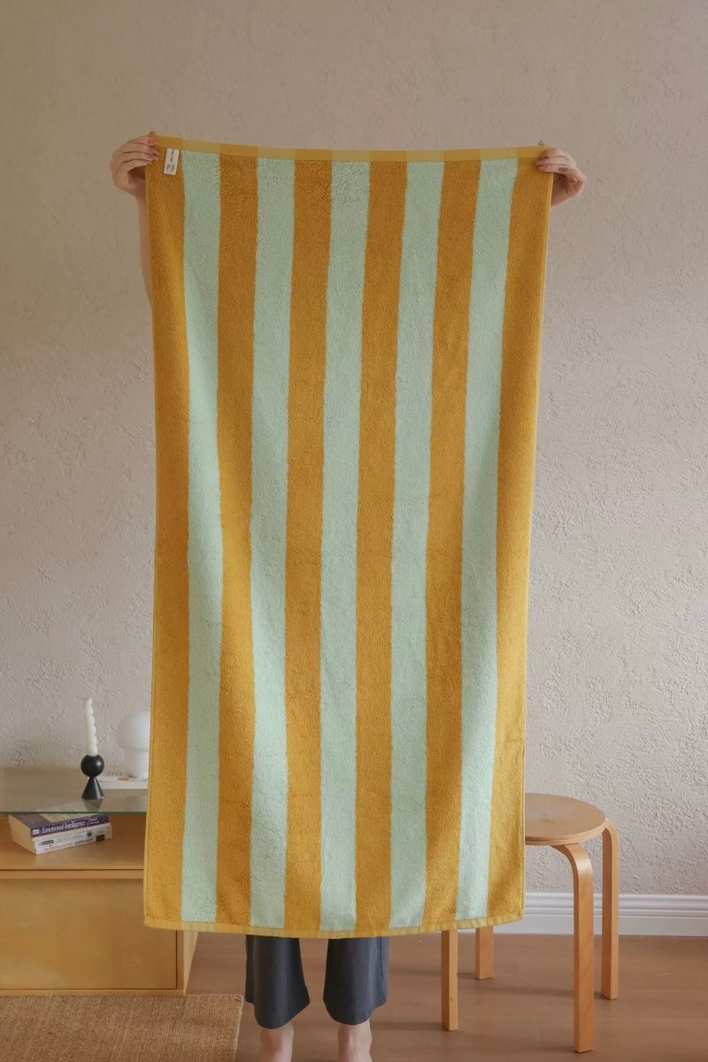 Whimsical Dopamine Cabana Stripe Bath Towel, 100% Cotton, Ultra Soft & Absorbent - Dopamine Cabana Stripe Towel - Mustard - Bath Towel - INSPECIAL HOME