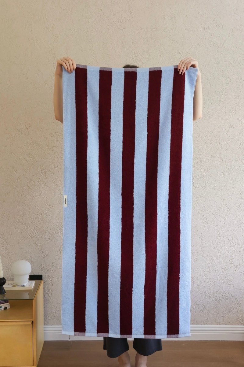 Whimsical Dopamine Cabana Stripe Bath Towel, 100% Cotton, Ultra Soft & Absorbent - Dopamine Cabana Stripe Towel - Misty Blue - Bath Towel - INSPECIAL HOME